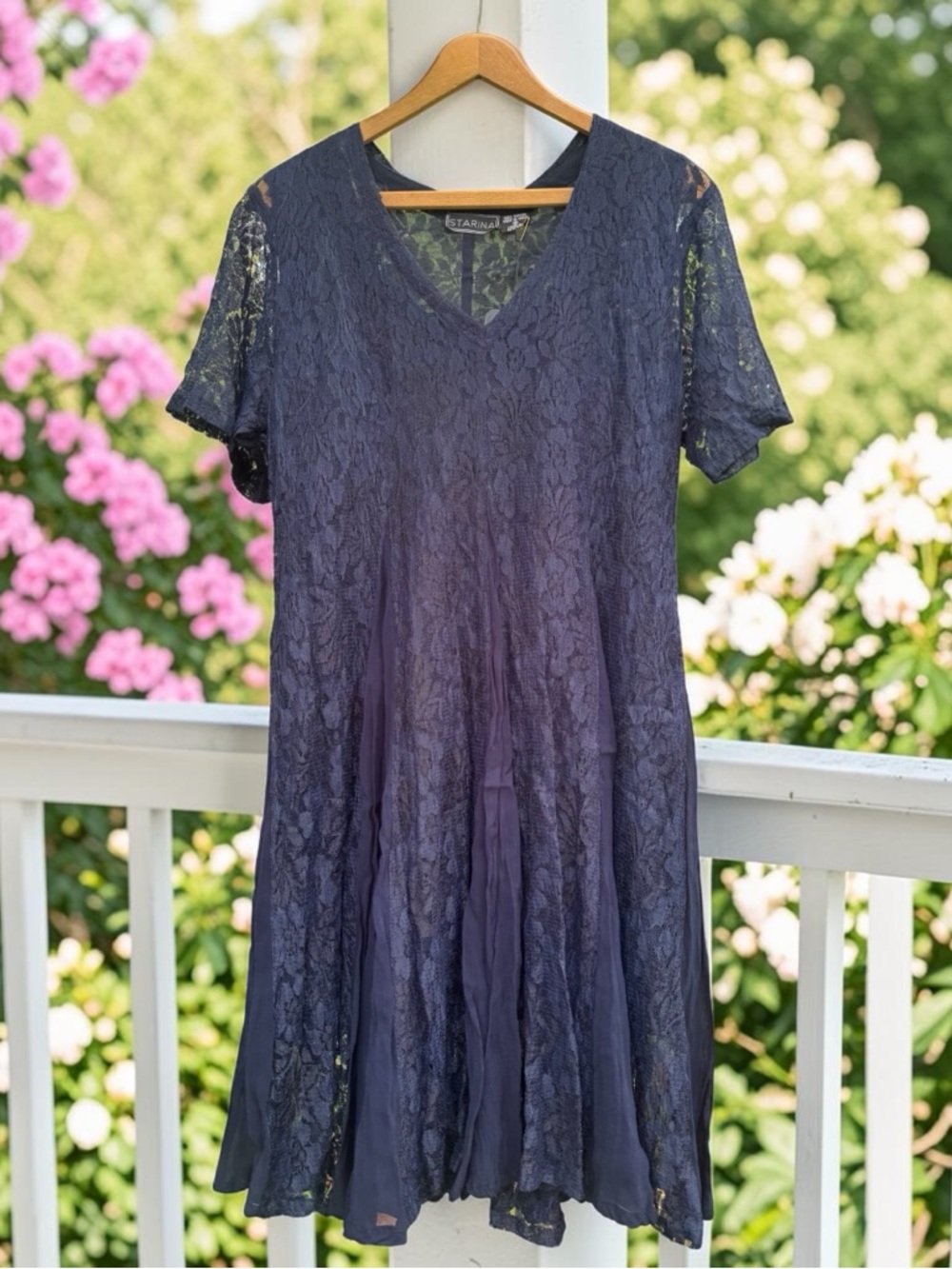 Vintage STARINA Navy Blue Lace & Chiffon V-Neck Rayon Dress Sz M